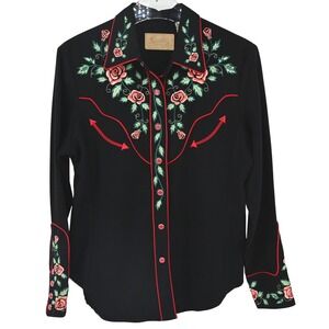 VTG Scully Black Western Shirt Rose Embroidery Snap Front Rodeo Retro Cowgirl